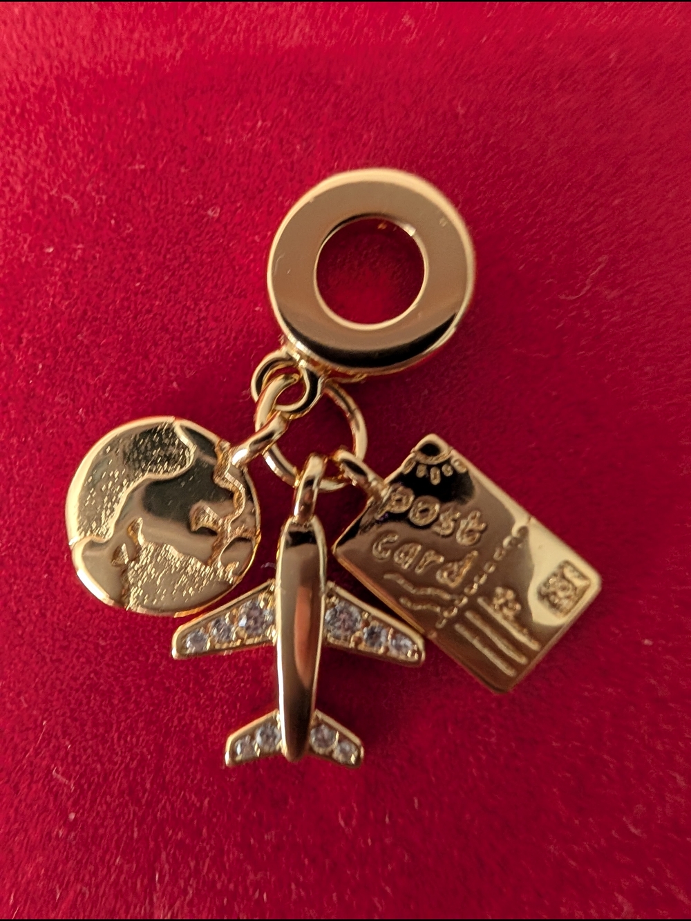 Gold-tone Travel Charm Dangle with Airplane, Globe & Postcard - Pandora Style